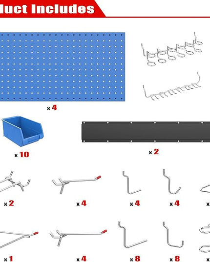 Ultrawall Pegboard Wall Organizer, Blue Metal Peg Board Panels, Garage Storage System with Hooks and Storage Bins, 59pcs