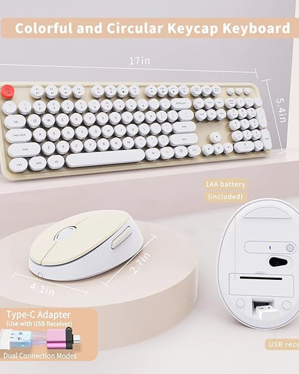 Wireless Keyboard and Mouse Combo, Ergonomic Full Size Typewriter Retro Round Keycaps Keyboard, Compatible with Windows, PC, Perfer for Home and Office Keyboards (Beige