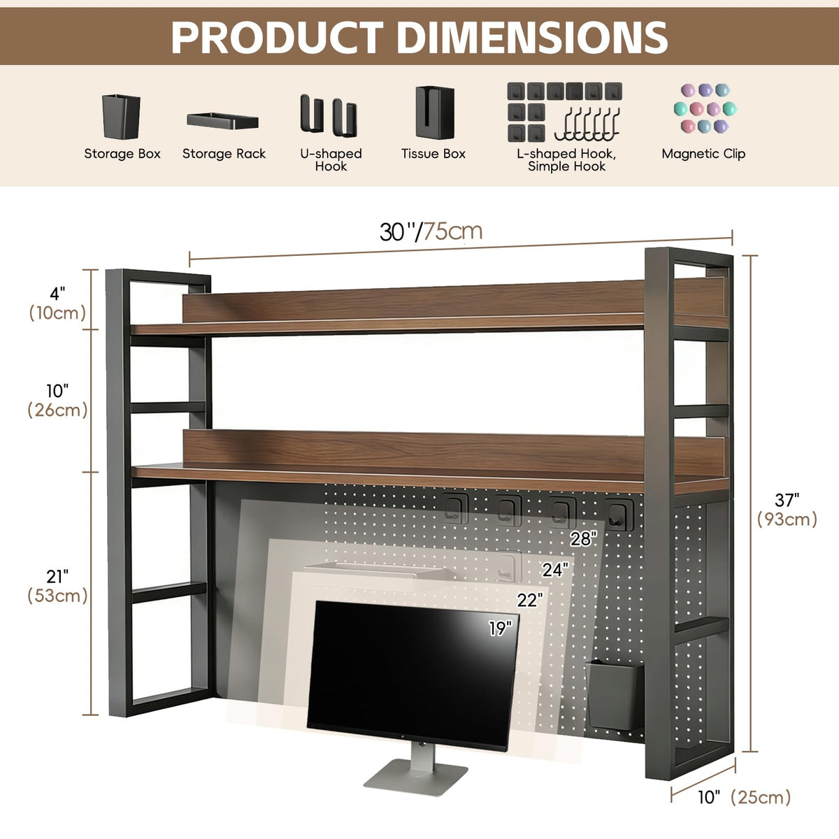 LINLIUA 2/3/4 Tier Desk Hutch, Metal Desk Shelf with Pegboard, Desk Shelves for Top of Desk, Freestanding Desktop Bookshelf, Desktop Shelf Organizer Display Rack for Dorm Office and Home