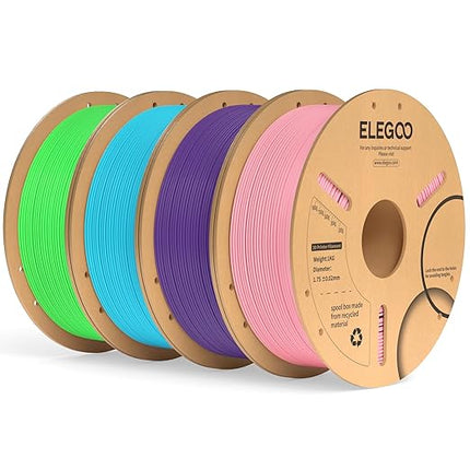 ELEGOO PLA Plus Filament 1.75mm Bundle 4KG, PLA+ Tough 3D Printer Filament Dimensional Accuracy +/- 0.02mm, 4 Pack 1kg Spool(Pink, Purple, Sky Blue, Neon Green)