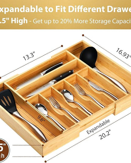 Umilife Large Expandable Kitchen Silverware Utensils Drawer Organizer, 2.5" Extra High Adjustable Drawer Divider with Curved Grooves, Bamboo Wood Cutlery Tray Flatware Holder