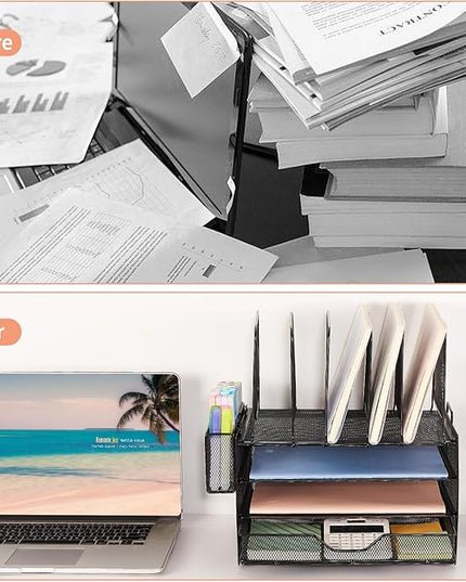 LEKETREE Desk Organizers and Accessories, 3-Tier Paper Organizer with 5 Vertical File Holders, File Organizer for Desk (Black With Drawer, 3T With Drawer)