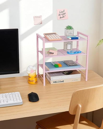 Desktop Shelf Organizer, 3-Tier Office Storage Rack, Adjustable Metal Bookshelf for Top of Desk, Pink Desk Organizer for Office, Home, Dorm and Small Spaces (Pink)