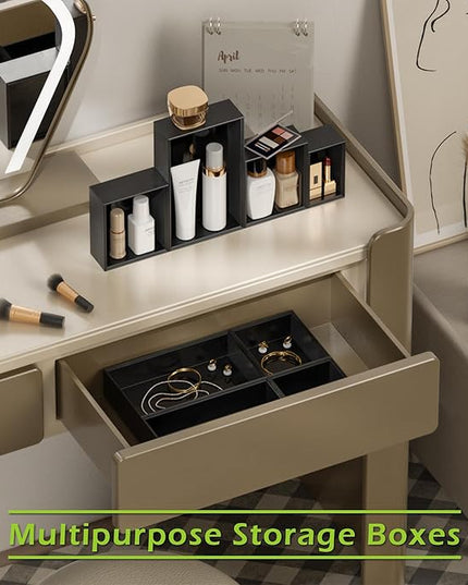 Bathroom Drawer Organizer Trays, Bamboo Drawer Organizer Kitchen Utensils Silverware Organizer, 8 PCS Wood Box Stackable Bins for Makeup, Office Desk, Junk Drawer (Black)