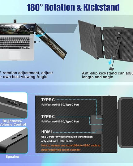 KEFEYA Laptop Screen Extender, 14" FHD 1080P IPS Laptop Monitor Extender Dual Screen, Portable Monitor for Laptops 13-17" with USB-C/HDMI Port, Plug n Play for Windows/Mac/Android/Switch/PS5