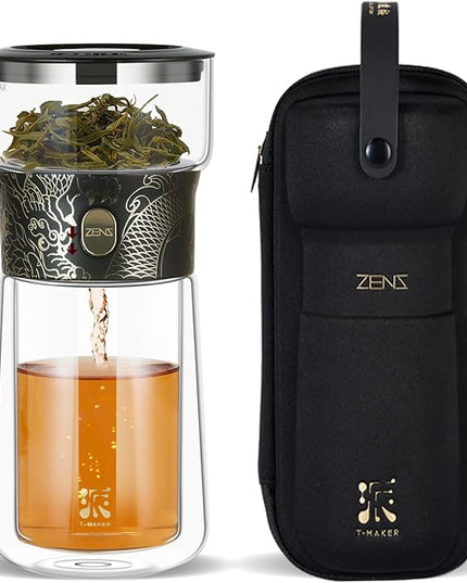 ZENS Cool Glass Teapot with Infuser, Smart One Touch Tea Maker for Loose Tea Diffusers with Insulated Mug and Portable Tea Kits, Enchanted Teapot Alternatives for Tea Lover Gifts