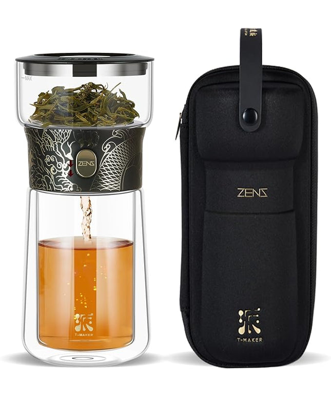 ZENS Cool Glass Teapot with Infuser, Smart One Touch Tea Maker for Loose Tea Diffusers with Insulated Mug and Portable Tea Kits, Enchanted Teapot Alternatives for Tea Lover Gifts