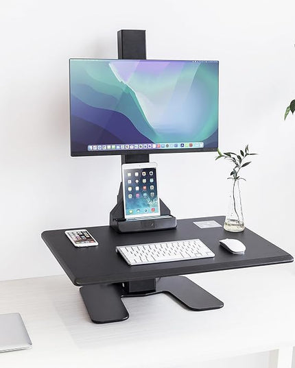 Mount-It! Electric Standing Desk Converter - Motorized Sit-Stand Desk Riser with Monitor Mount, Standup Powered Desktop Lift for Single Monitor up to 32", 28" Wide Keyboard Tray, Adjustable Height