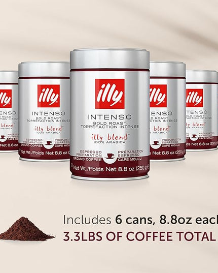 illy Ground Espresso Coffee, Intenso Dark Roast, 100% Arabica, Premium Italian Coffee, Pre-Ground for Espresso Machines, 8.8oz, 6 Pack