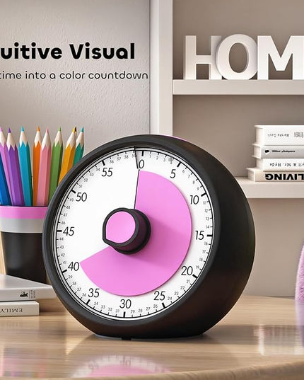 Visual Timer for Kids 60-Minute Countdown Timer with Optional Alarm, Focus Tool for ADHD & Autism, Time Management for Homework, Chores, Office, Kitchen, Teaching & Study Routines (Black Pink)