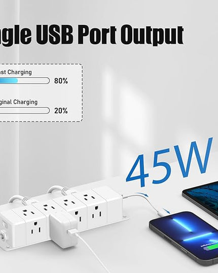 45W USB-C Fast Charging Under Desk Power Strip,12 Outlet Mountable Power Strip with 4 USB,1200J Surge Protection,6FT Flat Extension Cord