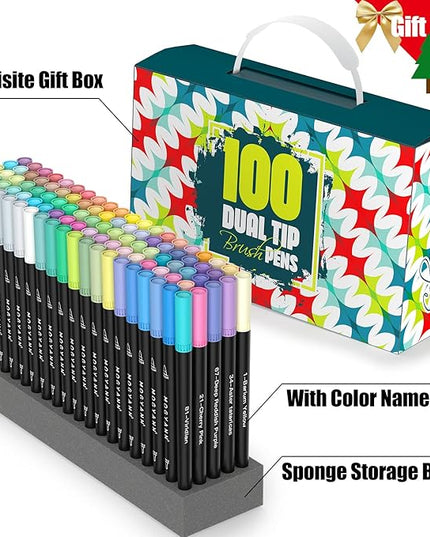 Mogyann Markers for Adult 100 Colors Dual Tip Pens with Fine and Brush Tip for Coloring and Calligraphy Drawing