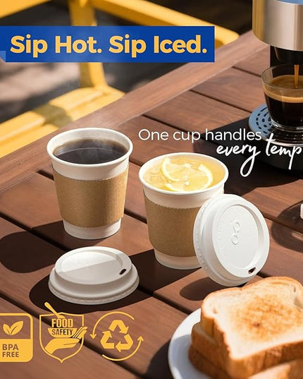 Fit Meal Prep 500 Pack 10 oz Disposable Coffee Cups with Lids, Sleeves, Leak-Proof To Go Coffee Cups with Lids, Durable Hot Paper Cups for Home, Office, Party, Business