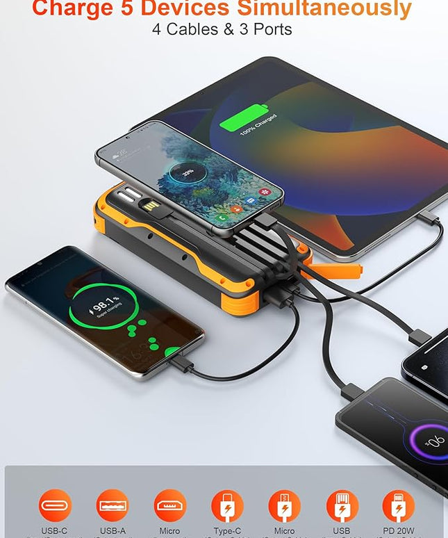 Solar Charger Power Bank, PD 20W Fast Charging External Batter, 40000mAh Portable Phone Charger Built in 4 Cables with Dual Bright Flashlights for Camping, Hiking, and Outdoor Use
