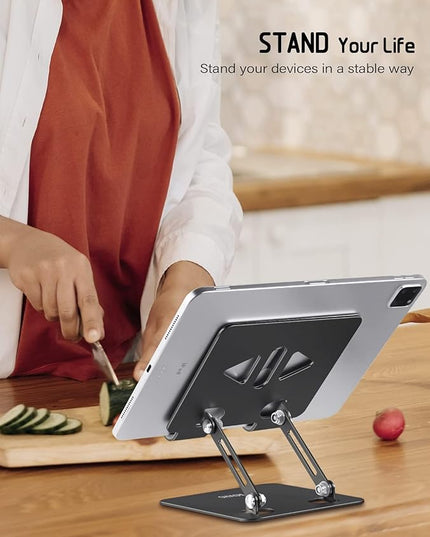 Tablet Stand Holder for Desk, Adjustable Desktop Tablet Holder, Foldable Aluminum Tablet Mount for iPad pro 12.9, iPad Air Mini, Samsung Galaxy Tabs Z Fold Kindle Fire 4-12 inch, Black
