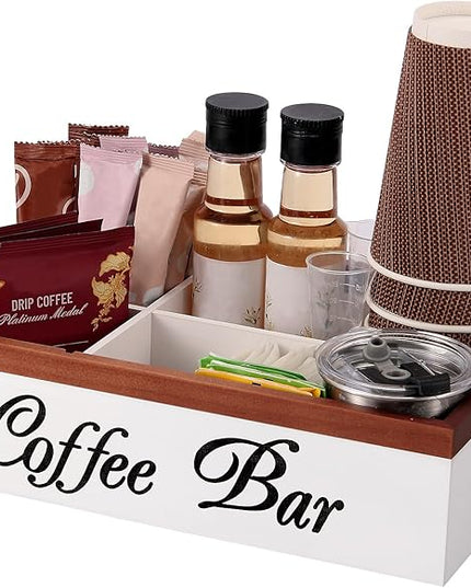 Wooden Coffee Organizer Holder with Divided Sections & Cutout Handle, Farmhouse Coffee Bar Organizer for Pods, Cups, Lids, Syrups, Stirrers & Accessories – Ideal Gift for Home or Office-White