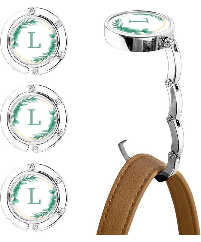 XSUIOY 3Pcs Personalized Initial Foldable Purse Hook for Table,Crushed Flower Letters Folding Purse Hanger,Purse Holder Handbag Hanger Collection Desk Table Bag Hooks Gifts for Women Bag(Green-L)