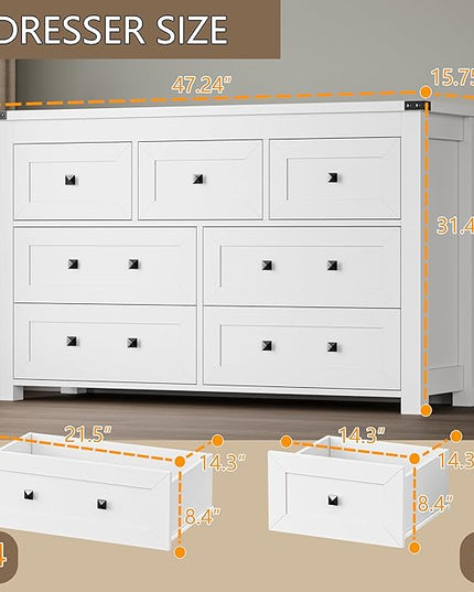BORNOON 7-Drawer Dresser, Modern Wooden Storage Chest of Drawers, Dresser TV Stand, Wood Drawer Organizer with Metal Handles for Bedroom, Living Room, Hallway