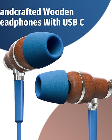 Symphonized Premium Wooden iPhone Earphones Wired (USB C) Deep Bass Sound, 3D Sound, Microphone Volume Control, 90% Noise Cancelling for Type C Devices. Earphones for iPhone 15 to 17 & Android