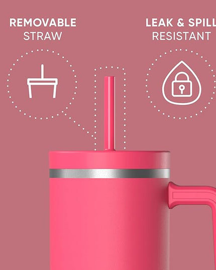 Hydrapeak Voyager 40 Oz Stainless Steel Tumbler with Handle, Insulated Water Bottle With Straw & Lid, Cupholder Friendly Reusable Travel Mug (Hot Pink)