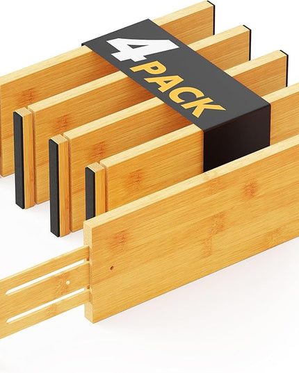 SpaceAid Bamboo 4 Pack Dresser Drawer Dividers, 4.65“ High Adjustable 12.5“-17” Drawer Organizers, Expandable Organization for Clothing, Clothes, Dressers, Natural