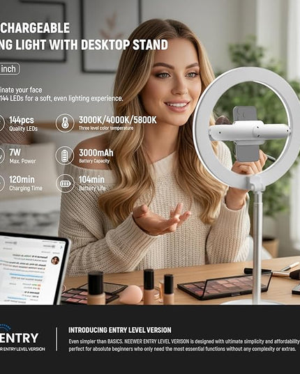 NEEWER Entry Level Version 10" 7W LED Selfie Ring Light with Desk Stand/Phone Holder/3 Modes, CRI85+ 3000mAh Rechargeable Video Conference Lighting for iPhone Streaming Video Recording Makeup, N17