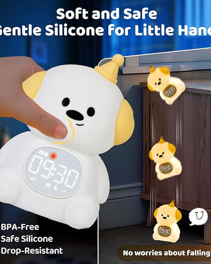 Dog Alarm Clock with Night Light for Kids with Sleep Training and Sound Machine, Rechargeable Silicone Lamp OK to Wake Clock，Cute Animal Tabletop Lamp, Perfect Sleep Companion for Boys Girls