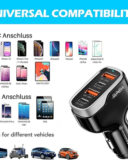 SUNDA 60W USB C Fast Car Charger | 4-Ports Car Charger Adapter | Dual Type C PD30W/PPS30W Compatible with iPhone17/16 Pro/Max/iPhone15/Galaxy/SamsungS25 | Dual USB-A 18W QC3.0 for Android(Black)