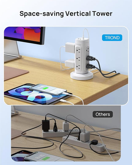 TROND Rotating Plug Power Strip Tower PD 20W - 5ft Retractable Extension Cord Surge Protector, 12 Outlets, 4 USB, 1700J Protection, Space Saving Home Office Desk Supplies, Dorm Room Essentials