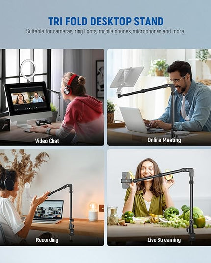 NEEWER 45.5" Overhead Camera Desk Stand, Aluminum 4 Section Magic Mic Boom Arm with C Clamp Mount Phone Holder, for Webcam LED Light Microphone Streaming Zoom Video Recording, Max Load 4.41lb, DS023