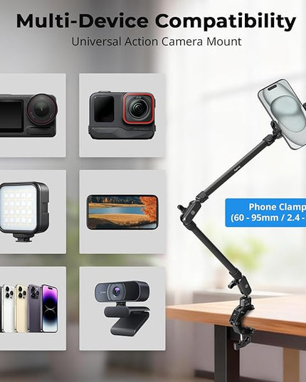 SmallRig 22.4" Magic Arm with Super Clamp, Overhead Phone Mount, Flexible Desk Camera Mount with 1/4" Screw and Cable Clip, Max Load 2.2lb, for iPhone, Action Camera, Video Light, Webcam, Mic - 5625