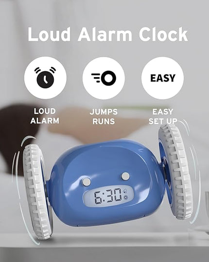 CLOCKY Extra Loud Alarm Clock for Heavy Sleepers on Wheels Rolls Runs Away Vibrating Easy to Set Super Smart Snooze Digital Bed Shaker Alarm Clock Funny Gift for Adults Kids Teens Bedrooms (Blue)