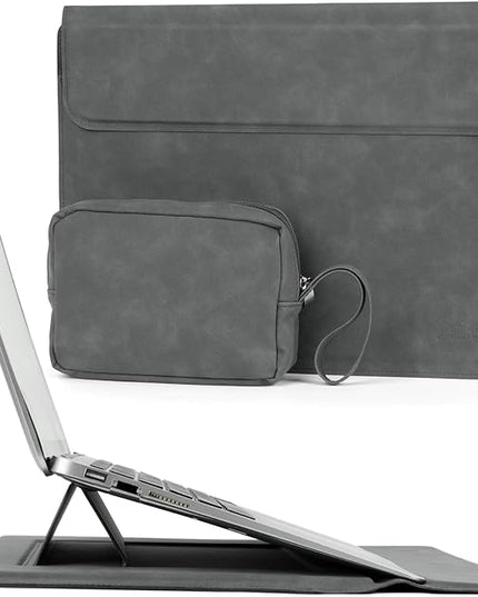 Allinside 13-14 Inch Laptop Sleeve Case for MacBook Pro 14" 2021-2024/MacBook Air 13" 2010-2017/MacBook Pro 13" 2010-2015, Waterproof Matte PU Leather Sleeve Cover with Stand & Accessory Pouch, Gray