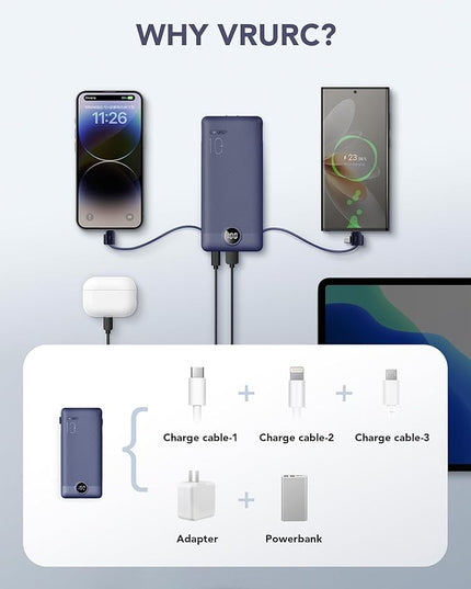 VRURC Portable Charger Built-in Cables and AC Wall Plug, USB C Power Bank 10000mAh, Travel Battery Portable Phone Charger Compact Lightweight External Battery Pack for Smart Phones, Tablets etc-Navy