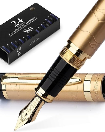 Wordsworth & Black Primori Fountain Pen Set [Stunning Gold]; Medium Nib, Gift Case, 24 Ink Cartridges, Refill Converter, Manual; Journaling, Calligraphy, Smooth Writing Pens; Left and Right Handed