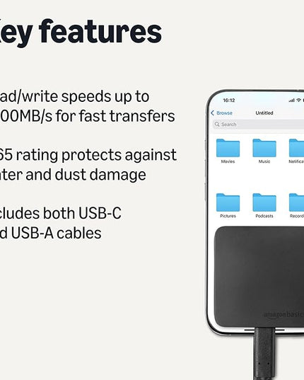 Amazon Basics Portable External SSD, 1TB, 2000MB/s Speeds, USB 3.2 Gen 2, IP65 Water & Dust Resistant, Black