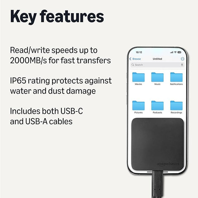 Amazon Basics Portable External SSD, 1TB, 2000MB/s Speeds, USB 3.2 Gen 2, IP65 Water & Dust Resistant, Black