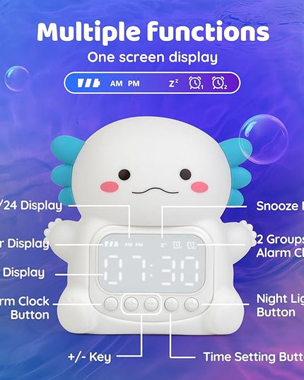 Axolotl Alarm Clock with Night Light for Kids, Rechargeable Silicone Lamp Time to Wake Clock Cute Animal Tabletop Lamp, Perfect Sleep Companion for Boys Girls, White