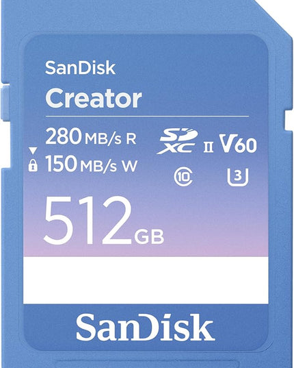 SanDisk 512GB Creator SD UHS-II Card, Read speeds up to 280MB/s, for DSLR and Mirrorless Cameras, 4K UHD, 6K Video, V60, 1 Month of Adobe Creative Cloud Included - SDSDXEP-512G-GNCIS