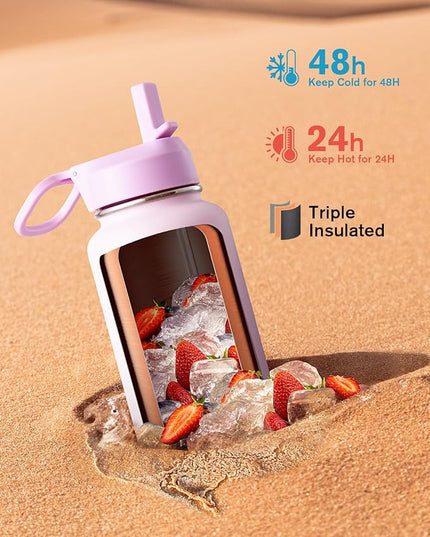 Coolflask Water Bottle 32 oz Insulated with Straw, Stainless Steel Metal 3 Lids Water Flask Wide Mouth for Sports or Office, Non-BPA Keep Cold Up to 48 Hrs or Hot Up to 24 Hrs, Pink