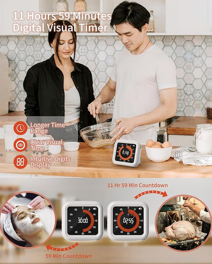 Digital Visual Timer - Max 11H 59M Rechargeable Countdown Timer with VA Display, Clear Digits, Adjustable Volume and Brightness, Magnetic Digital Timer for Kitchen, Classroom, Office (White)