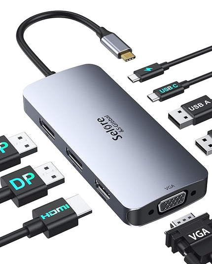 USB C Docking Station Dual Displayport Monitor, USB C Hub Displayport with 2 DP, HDMI, VGA, PD Charging, USB A&C 2.0 Ports Multi Monitors Adapter for Dell/HP/Lenovo, etc