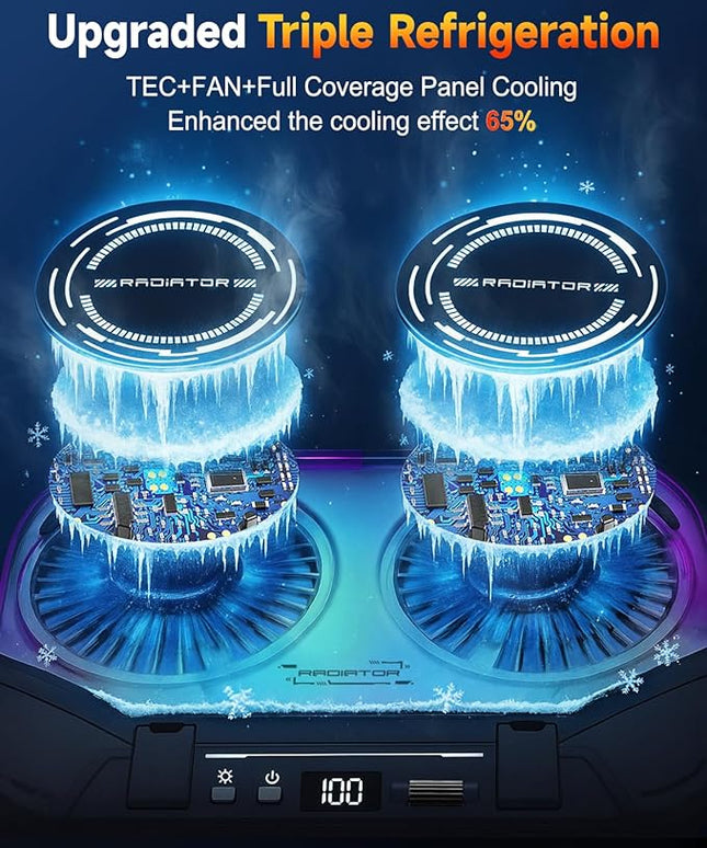 2026 Upgraded Laptop Cooling Pad with Dual TEC Cooler, Gaming Laptop Cooler, 2 Powerful Turbo Fans, Fast Cooling Laptop 12-21in, 5 Height Stands, 100 Gear Speed Adjust, LCD Screen, RGB, Phone Holder