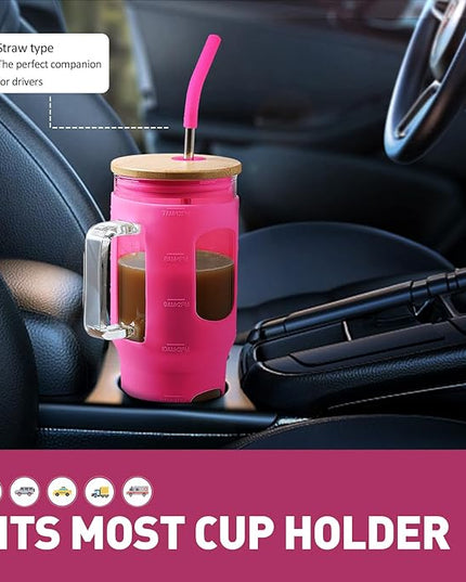 Glass Tumbler with Straw & Lid, 32 oz Glass Cup with Handle, Water Bottle with Time Marker - Pearl Straw & Silicone Protective Sleeve - Rose Red