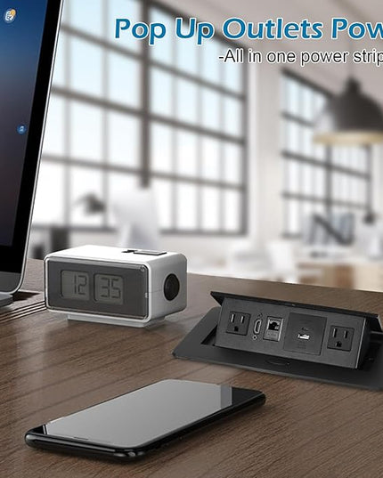 Hidden Pop-Up Outlet with 20W USB C Port Electrical Pop-Up Box Recessed Multimedia Strip Socket with 2 AC Outlets, USB A & USB C Ports with Outlet Network HDMI for The Conference Table (Black-B)