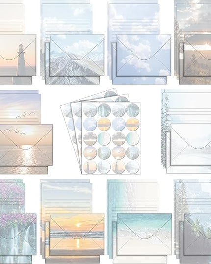 TaoBary 160 Pcs Stationery Paper Set 50 Double Sided Stationery Papers with 50 Matching Envelopes and 60 Round Dot Sticker, 10 Design(Scenic Nature,5.5 x 8.25 Inch)