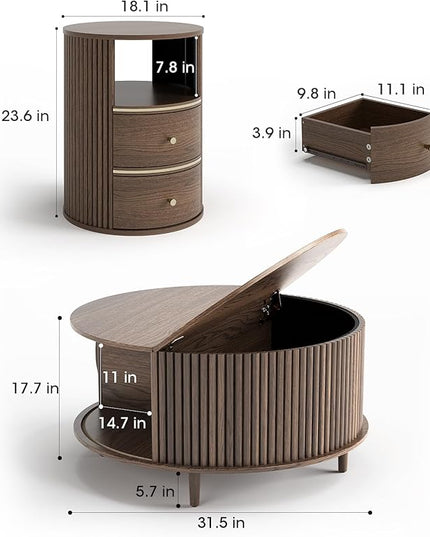 JOINICE Round Coffee Table and End Table Set,31.5" Mid Century Modern Living Room Furniture, Walnut Fluted Center Table with Storage & Matching Side Table for Small Space