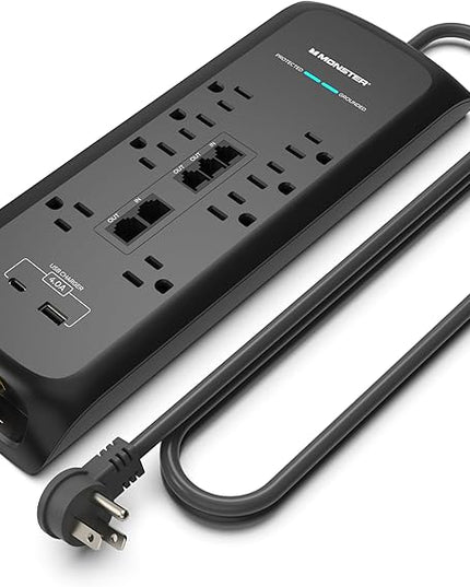 Monster Power Surge Protector w/ 4,050 Jules Rating — Heavy Duty Power Strips with Surge Protection, 8 Outlets, USB-A & USB-C, 2 Coax, 5 Ethernet Ports, Fireproof MOV, Dual Mode (6FT Cord, Black)