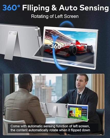 FQQ 15.6" Laptop Screen Extender, Left Screen 360° Flip Triple Screen Monitor Extender, FHD 1080P IPS Portable Travel Monitor Display, fit for 12–18.5" Laptops, Compatible with Windows and MacBook-S10