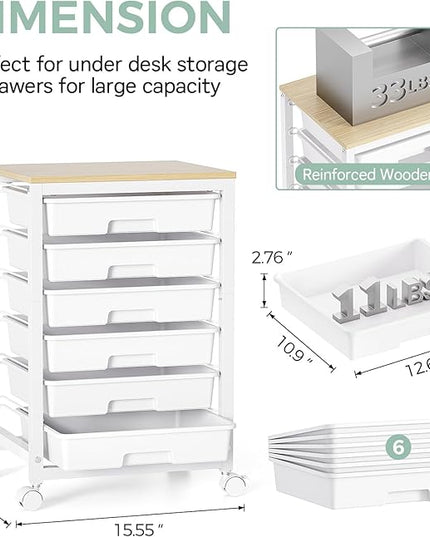 Rolling Storage Utility Cart with 6 Drawers and Wooden Tabletop for Under Desk Storage,White